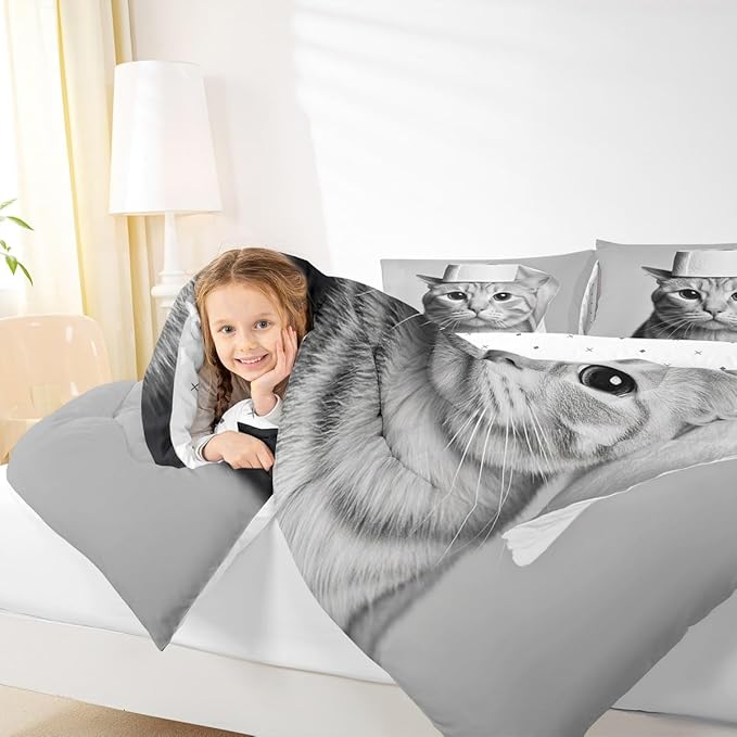 Erosebridal Kitten Bedding Set Toddler Size Cat Comforter Set for Kids Boys Girls 3D Kawaii Cute Hat Bowl Black Grey Comforter Warm Soft Quilt Insert