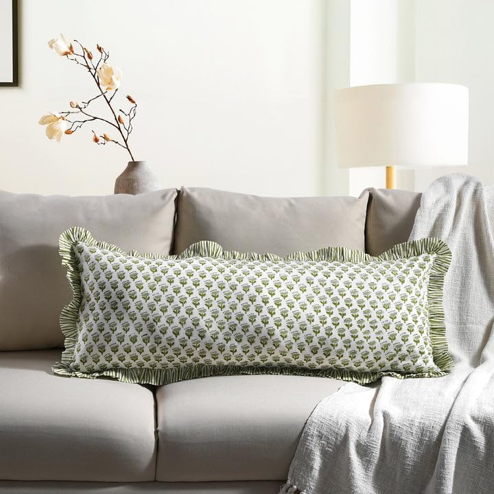 CPC Block Print Emerald Green Ruffle Cotton Lumbar Pillow Cover 14x36 inch