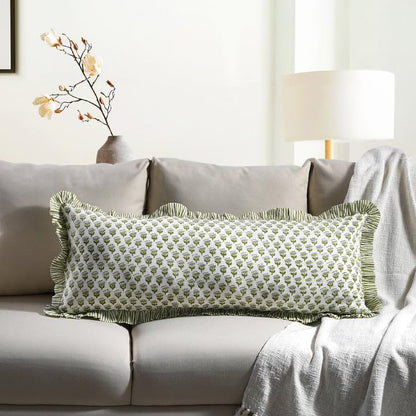 CPC Block Print Emerald Green Ruffle Cotton Lumbar Pillow Cover 14x36 inch