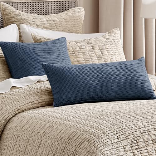 Levtex Home - Cloud Waffle Square Decorative Pillow - 12x24in - Textured Waffle Weave - Navy Blue - Polyester Filled - Cotton Solid Back - Zipper Closure