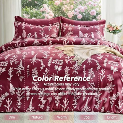 MUXHOMO Burgundy Full Comforter Set, Elegant Floral Print Bed in a Bag 7 Pieces, Ultra Soft & Breathable Reversible Botanical Pattern Bedding Set with Comforter, Sheets, Pillowcases, and Shams