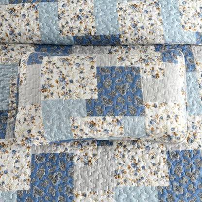 Mybedsoul Boho Quilts Queen Size, Floral Patchwork Bedding Set, Light Blue