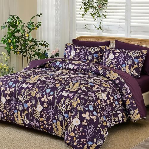 Full Size Comforter Set, Dark Purple Floral Bedding Comforter Set 7 Piece