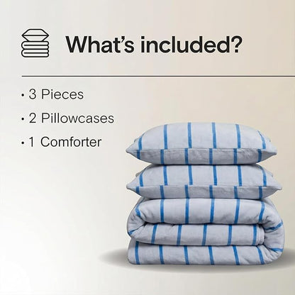 Bedbay Blue Striped Comforter Set Queen Size Microplush Fleece Bedding Set Ultra Soft & Warm Flannel Velvet Comforter Set 3 Pcs Blue White Stripes Pattern Queen Bed Set for All Seasons