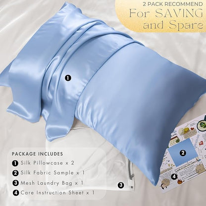 PROMEED 23 Momme Silk Toddler Pillowcase 2 Pack with Free Laundry Bag, Natural Highest Grade 6A+ 100% Mulberry Silk Pillow Case Set of 2, Zipper (Toddler/Travel 13"x18", Light Blue)