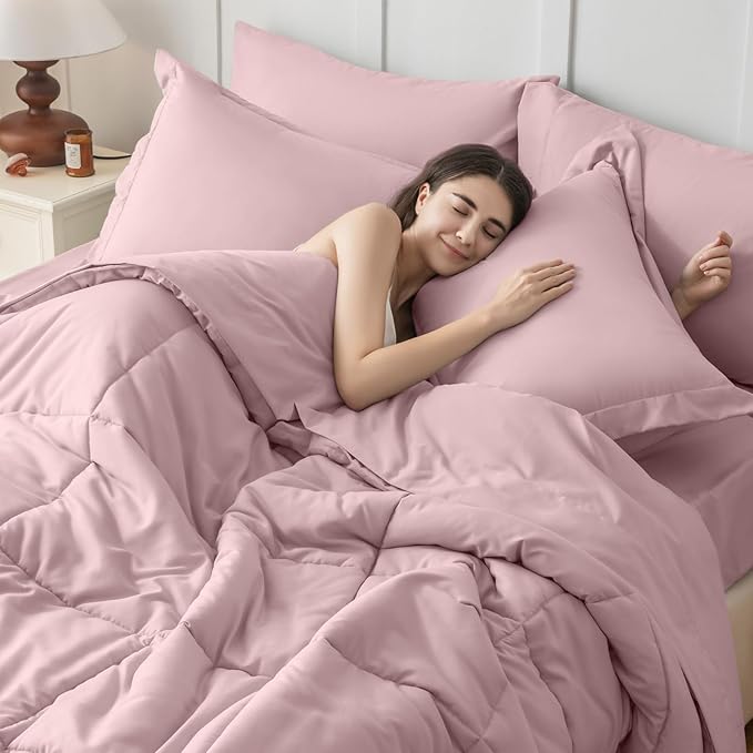 JOLLYVOGUE Twin Comforter Set, Ultra-Soft Bed in a Bag Twin Size 5 Pieces, Oeko-TEX Certified Bedding Set with Down Alternative Comforter, Sheets, Pillowcases & Shams, Camio Pink