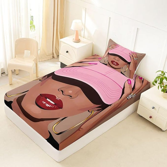 Erosebridal Black Girls Twin Size Bed Sheets Fashion Black Woman Fitted Sheet for Girls Kids Vogue Fashionable Gorgeous Bedding Set for Teens Children Women African Princess Magical Sheets