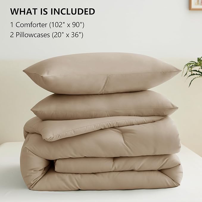 CozyLux King Size Comforter Set Taupe, 3 Pieces Solid Comforters King Size Breathable Quilted Bedding Sets, Luxury Soft Lightweight Bed Set with Down Alternative Comforter and 2 Pillowcases All Season