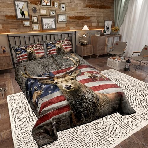 American Flag Deer Comforter Set Queen Size, Brown Wildlife Animal and Trees Theme Bedding Comforters for Children Adult, Colorful USA Flag Print Natural Polyester Duvet Set with 2 Pillowcases