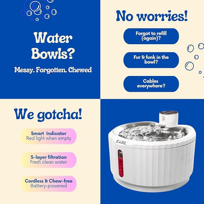 KAER Wireless Cat Water Fountain, 2.8L, Battery Operated, BPA-Free, Stainless Steel, Ultra-Quiet Pet Fountain with 3 Water Flows & Smart Motion Sensor, Aesthetic Bowl, 5-Layer Filtration, 4000mAh