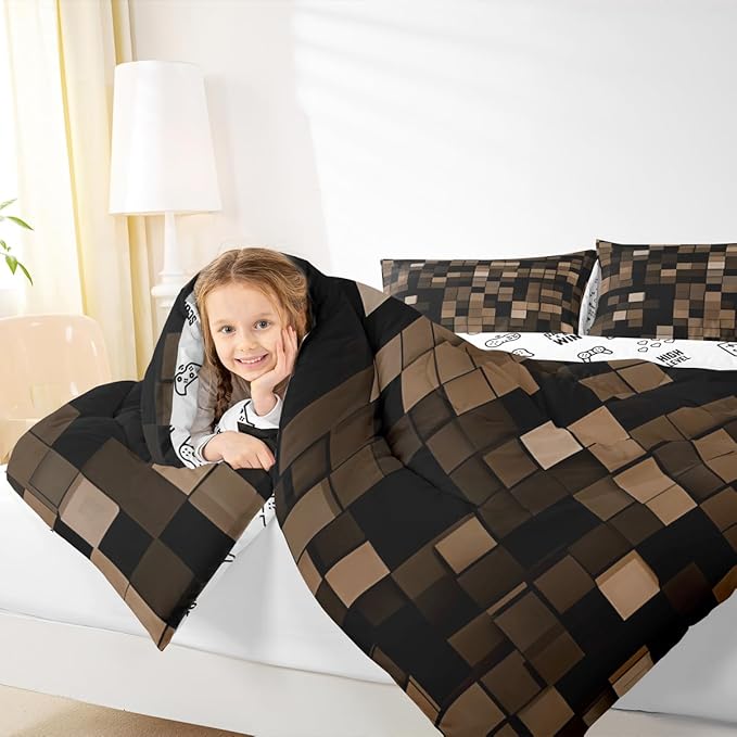 Pixel Grid Miners Comforter Set Full Size,Video Games Plaid Lattice Kids Bedding Set,Geometric Modern Check Quilt Comforter,Brown Duvet Insert,2 Pillowcases
