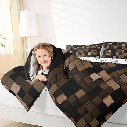 Pixel Grid Miners Comforter Set Full Size,Video Games Plaid Lattice Kids Bedding Set,Geometric Modern Check Quilt Comforter,Brown Duvet Insert,2 Pillowcases