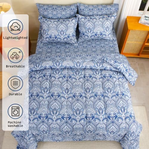 lasoftan Floral Queen Comforter Set with Sheets, 7 piece Luxury Vintage Bedding, Soft Microfiber Bed in a Bag, Cozy Lightweight Bed Set, Blue Paisley
