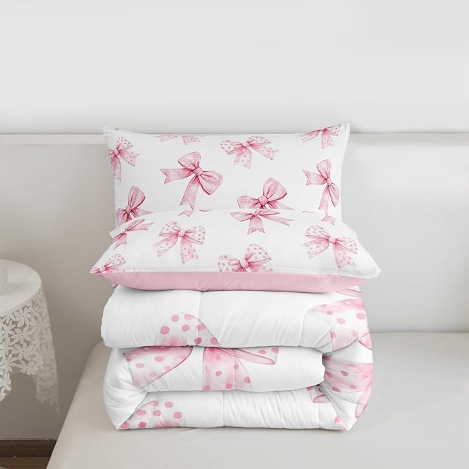 Erosebridal Pink Bow Kids Bedding | Coquette Bowknot Queen Comforter Sets,Princess Girls Ribbon Bowtie Comforter Watercolor Cute Duvet Insert with 2 Pillow Cases