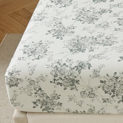 DAUAOTO 100% Cotton Bedding Printed Sheets Set for King Size Bed Up to 14" Deep Mattress, Toile Rose Floral Pattern Bedlinen Sets, Gray