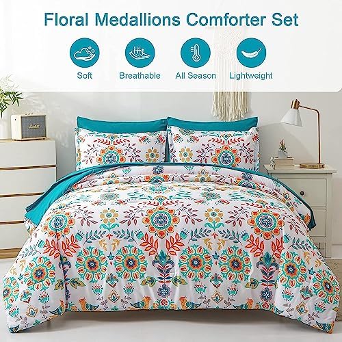 DHSFKBE Boho Comforter Set Twin - 5 Pieces Bed in a Bag Floral Medallions Design, Bohemian Comforter Set with Sheets, Soft Microfiber Complete Bedding Sets All Season (Teal Blue, Twin)