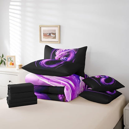 Erosebridal Gothic Dragon Comforter Set 7 Piece Bed in a Bag Twin,Purple Rose Bedding Sets Prehistoric Animal Flowers Sheet Set with Comforter