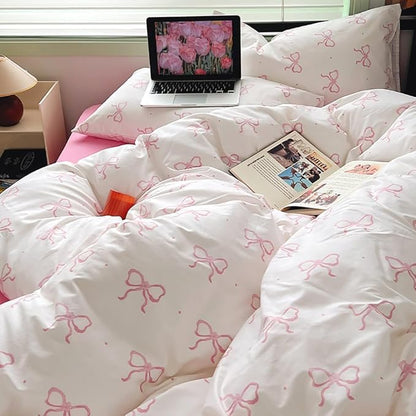 Nayoroom Pink Bow Duvet Cover Queen Size Polka Dot Bowknot Coquette Duvet Cover 3 Pieces Soft Lightweight Microfiber Girls Cute Aesthetic Dorm Bedding Set