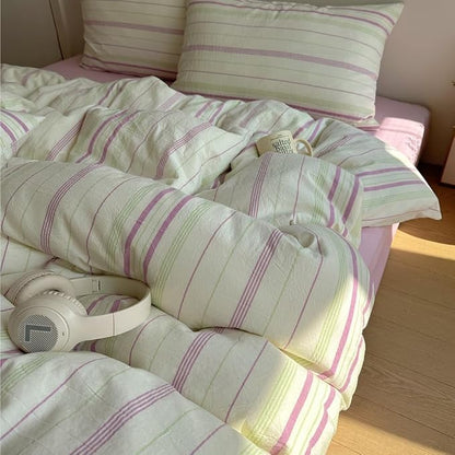 EAVD Vintage Style Striped Duvet Cover Twin Size Soft 100% Cotton Green Purple Vertical Stripes Pattern Bedding Set with 2 Pillowcases Reversible Farmhouse Geometric Duvet Cover with Zipper