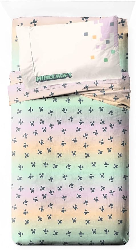 Jay Franco Kids Sheet Cartoon Set with Fitted, Flat Sheets & Pillow Cover - Ultra-Soft Bedding with Pillowcase for Room Decor, Pink - Minecraft, 3 Piece Twin