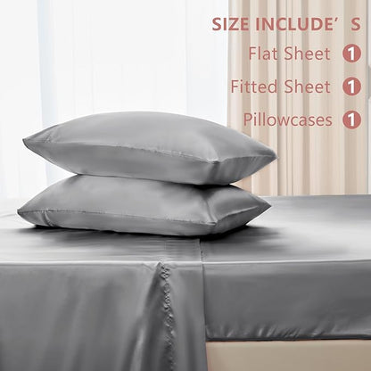 CozyLux Satin Sheets Twin XL Sheets - 3 Piece Silky XL Twin Sheet Set, Luxury Extra Long Light Grey Sheet with Smooth and Soft Microfiber, Includes 1 Fitted Sheet, 1 Flat Sheet and 1 Pillowcase
