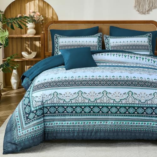 Teal Blue Boho Comforter Set Full Size,8 Pieces Striped Bed in a Bag