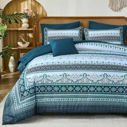 Teal Blue Boho Comforter Set Full Size,8 Pieces Striped Bed in a Bag