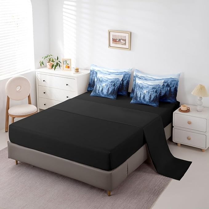 Erosebridal Boys Blue Forest Twin Comforter Set with Sheets 7 Piece,Rustic Woodland Pine Tree Bedding Set,Jungle Smoky Mountain Bed in A Bag for Kids Adults Men Retro Natural Landscape Bed Set