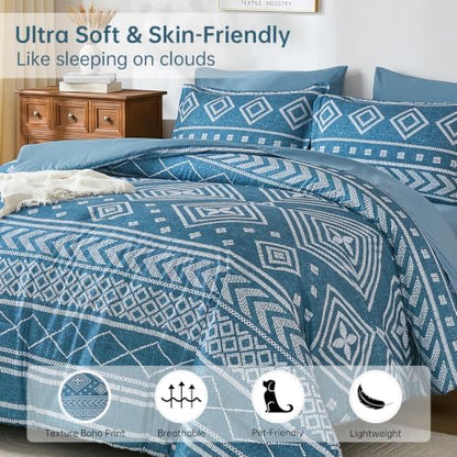 Yiran Boho Comforter Set Queen Size, 7 Pieces Aztec Blue Bed in a Bag