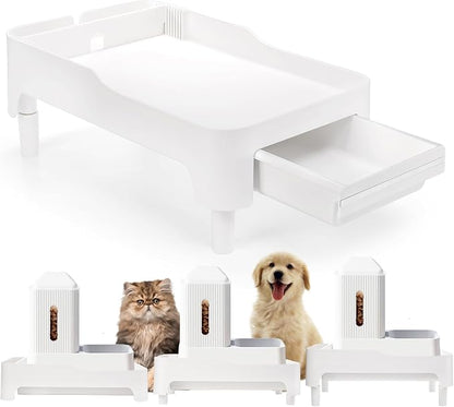 Raised Pet Feeder Stand for Cats and Dogs Neck Health, Adjustable Height Elevated Shelf Suitable for 90% Automatic Pet Feeder & Water Dispenser, with Drawer to Stock Pet Snacks, Canned Food
