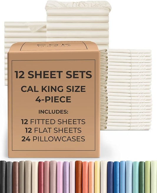Bulk Case Pack of 12 Sheet Sets - (12) Complete Cal King Size Sheet Sets w/ Deep Pockets - Wholesale Bulk Bedding for Hotels, Spas & Airbnbs - Breathable, Soft & Wrinkle Free - (Cal King, Off White)