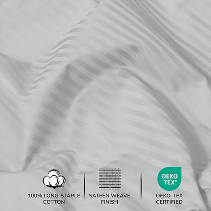 Feather & Stitch 500 TC California King Size Bed Sheet Set, 100% Cotton Soft Breathable Bedsheets, 4 Piece 18" Deep Pockets Sateen Weave Striped Bedding Mattress Resort Hotel - (Blue Blush Stripe)