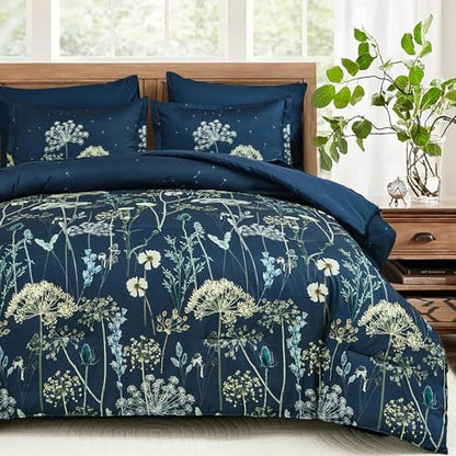 Yiran Navy Blue Floral Comforter Set King Size, 7 Piece Dandelion Botanical Spring Comforter Bedding Set, Bed in a Bag King, Soft Microfiber Complete Bedding Set with Sheets for All Season