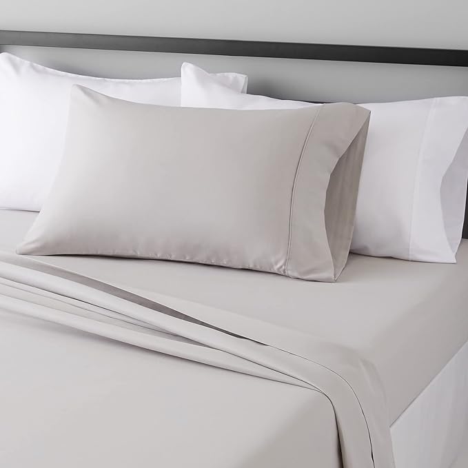 Amazon Basics Lightweight Super Soft Easy Care Wrinkle-Free Breathable Brushed Microfiber 3 Piece Bed Sheet Set with 14-Inch Deep Pockets, Twin, Light Gray, Solid