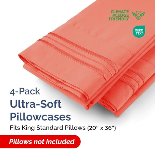 King Standard Pillow Cases Set of 4 - Soft Hotel Quality Pillowcase Covers - Comfy Bedding for Women, Men, Kids & Teens - Machine Washable Pillow Protectors - 4 Piece Set - King Standard Size Coral