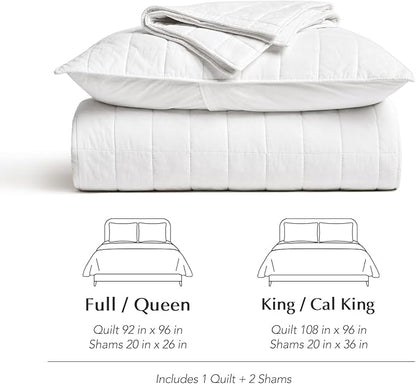 EVERGRACEHOME 100% Cotton Box Stitch Quilt Bedding Set Queen Size 3 Pieces, Garment-Washed Lightweight Soft Cozy Coverlet, Quilted Bedspread Sets with 2 Shams for All Season, Bright White