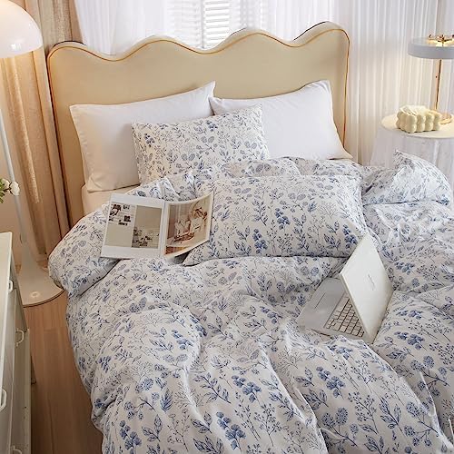 VM VOUGEMARKET Duvet Cover Full 3 PCS Blue Floral Bedding Set Botanical Printed on White Duvet Cover Soft Cotton Comforter Cover with Zipper Closure 4 Ties for Teen Girls-80x90 Inch