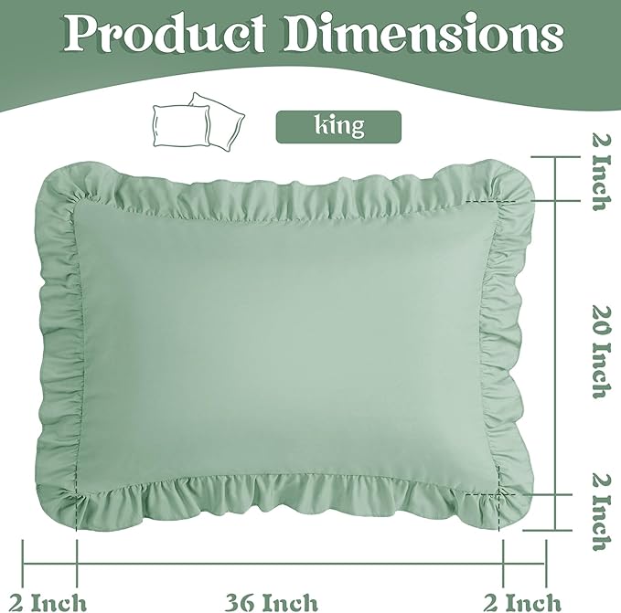 KKJIAF Ruffle Pillow Cases King Size Set of 2, Ruffled Pillow Covers with Envelope Closure, Wrinkle Resistant Pillowcases 20" x 36", Ruffled Pillow Shams, Sage Green