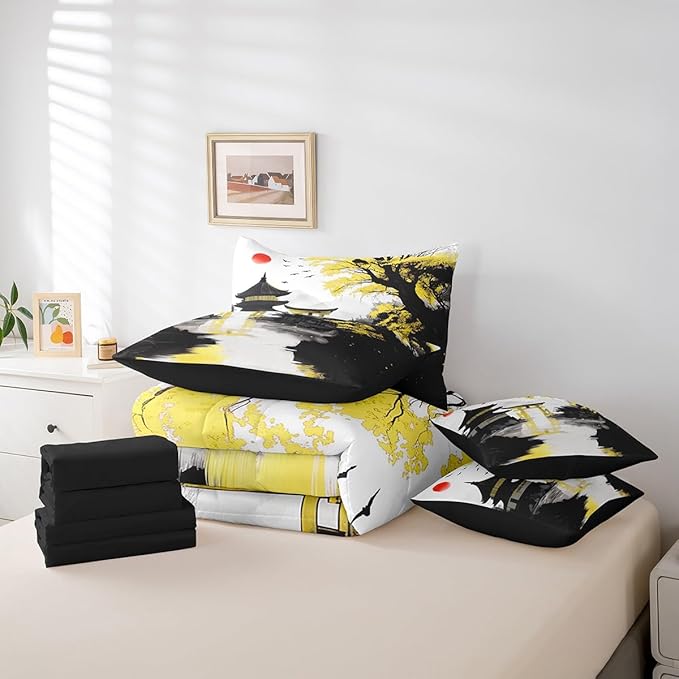 Erosebridal Japanese Full Bed in A Bag with Sheets Sun Cherry Blossom Comforter Set 7 Piece Black Gold Pavilions Mountain Floral Bedding Set for Kids Adults Chinese Ink Anime Sheet Set