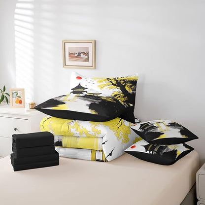 Erosebridal Japanese Full Bed in A Bag with Sheets Sun Cherry Blossom Comforter Set 7 Piece Black Gold Pavilions Mountain Floral Bedding Set for Kids Adults Chinese Ink Anime Sheet Set