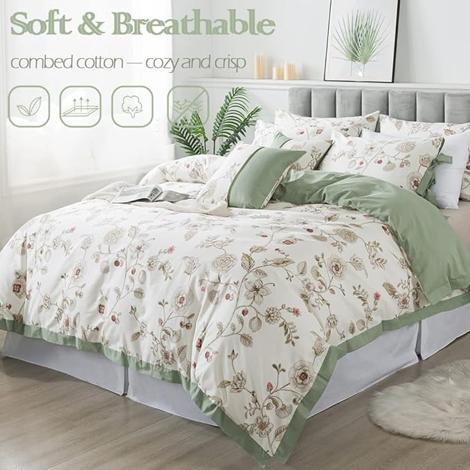 FADFAY Floral Bedding Set King/Cal King 100% Cotton Shabby and Chic Beige Green Reversible Duvet Cover Vintage Pink Flower Print Bed Covers Luxury Pretty Bowknot Soft Crisp Zipper Comforter Cover 3Pc