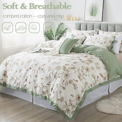 FADFAY Floral Bedding Set King/Cal King 100% Cotton Shabby and Chic Beige Green Reversible Duvet Cover Vintage Pink Flower Print Bed Covers Luxury Pretty Bowknot Soft Crisp Zipper Comforter Cover 3Pc