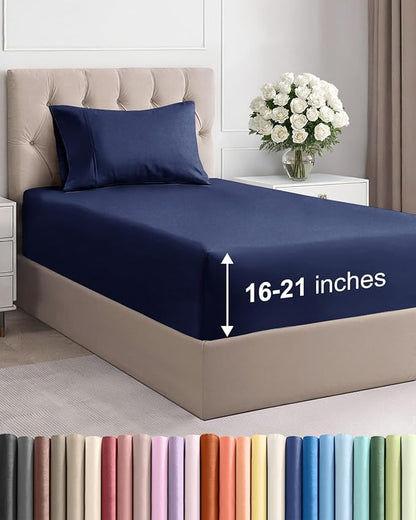Extra Deep Pocket Twin Size Sheet Set - 3 Piece Breathable & Cooling Bed Sheets - Hotel Luxury Bedding with 16 to 21 inch Extra Deep Pockets - Soft, Fade and Wrinkle Resistant - Oeko-Tex - Navy Blue
