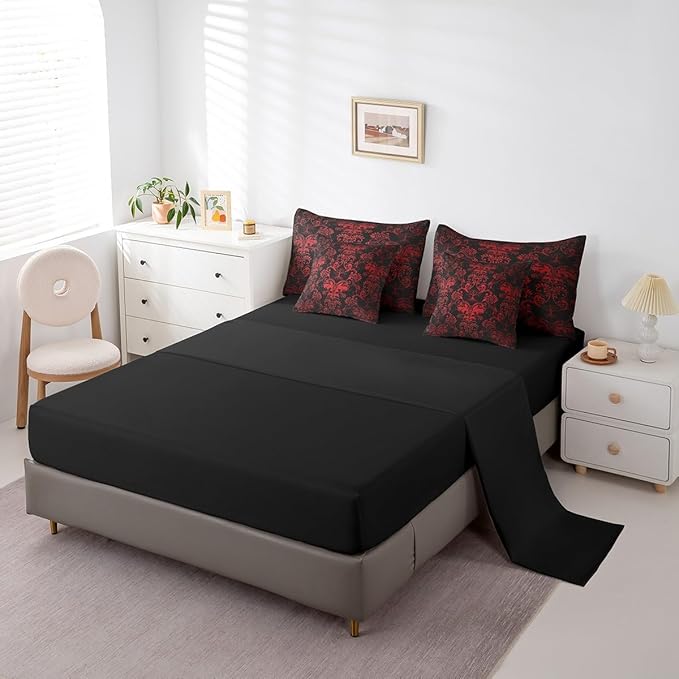Erosebridal Gothic Damask Bed in a Bag King Size Comforter Set 7 Pieces,Sun Moon Tree of Life Bedding Sets Red Black Victorian Floral Goth Sheet Set with Comforter