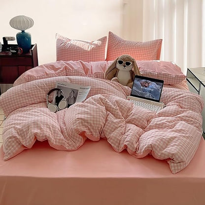 Nayoroom Pink Gingham Duvet Cover Queen Size Reversible Plaid Checkered Duvet Cover 3 Pieces Soft Breathable Washed Microfiber Girls Dorm Bedding Set for All Season