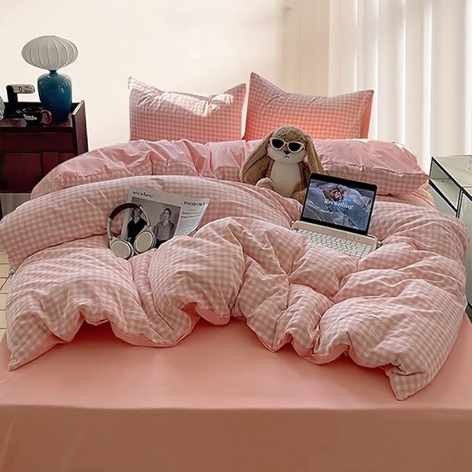 Nayoroom Pink Gingham Duvet Cover King Size Reversible Plaid Checkered Duvet Cover 3 Pieces Soft Breathable Washed Microfiber Girls Dorm Bedding Set for All Season