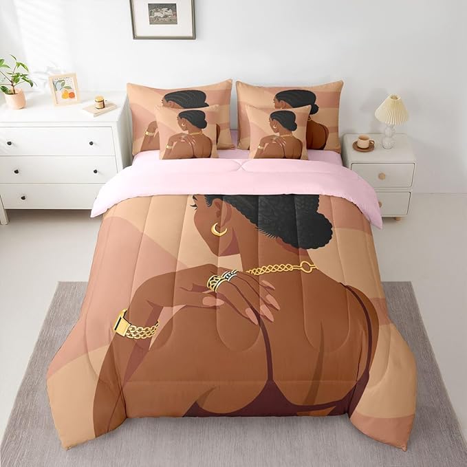 Fashion Black Woman Sheet Set With Comforter Queen Size Romantic Makeup Themed Girls 7 Piece Bedding Set Fashionable Gorgeous Comforter Sets Vogue Afro Girls Bed In A Bag For Kids Teens Adult Bedroom
