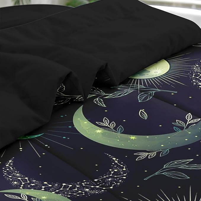 Comforter Set Queen Size, Green Boho Space 7 Pcs Bedding for Kids and Adults, Herbs Witch Floral Bed Sheet Sets with Fitted Sheet 2 Pillowcases & 2 Shams for Bedroom Bed Decor