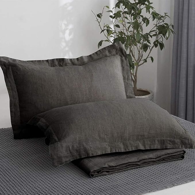 Simple&Opulence 100% Linen Pillow Case Queen Size Set of 2, Dark Grey Pillow Covers with Overlap Closure, Luxury Breathable Pillowcases Protectors Suitable for All-Season (20" X 26", Dark Grey)