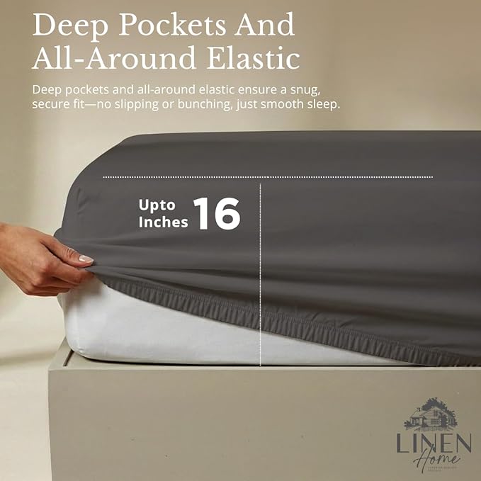 Linen Home 100% Cotton Percale Sheets Queen Size, Smoky Charcoal, Deep Pocket, 4 Pieces Set - 1 Flat, 1 Deep Pocket Fitted Sheet and 2 Pillowcases, Crisp Cool and Strong Bed Linen